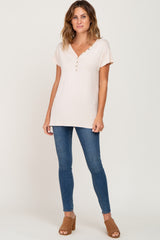 Beige Button V-Neck Short Sleeve Top