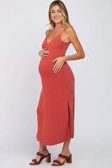 Rust V-Neck Criss Cross Back Side Slit Maternity Midi Dress