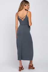 Charcoal V-Neck Criss Cross Back Side Slit Maternity Midi Dress