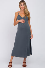 Charcoal V-Neck Criss Cross Back Side Slit Maternity Midi Dress