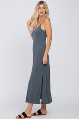 Charcoal V-Neck Criss Cross Back Side Slit Midi Dress