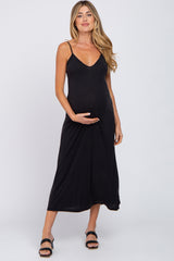 Black V-Neck Criss Cross Back Side Slit Maternity Midi Dress