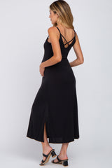 Black V-Neck Criss Cross Back Side Slit Maternity Midi Dress