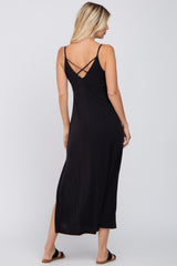 Black V-Neck Criss Cross Back Side Slit Midi Dress