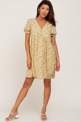 Yellow Floral V-Neck Button Dress