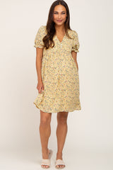 Yellow Floral V-Neck Button Maternity Dress