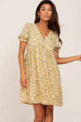 Yellow Floral V-Neck Button Maternity Dress