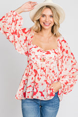 Red Floral Cutout Front Long Sleeve Blouse