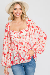 Red Floral Cutout Front Long Sleeve Blouse