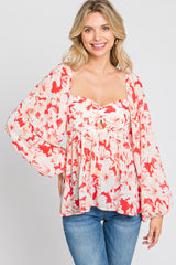 Red Floral Cutout Front Long Sleeve Blouse