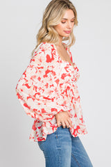 Red Floral Cutout Front Long Sleeve Blouse