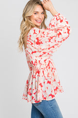 Red Floral Cutout Front Long Sleeve Blouse