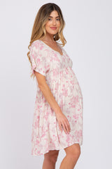 Pink Floral V-Neck Maternity Dress