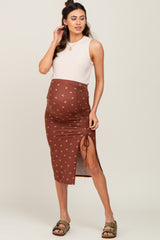 Brown Ditsy Floral Ruched Side Slit Maternity Skirt