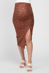 Brown Ditsy Floral Ruched Side Slit Maternity Skirt