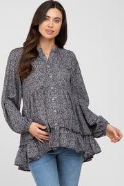 Black Floral Ruffle Long Sleeve Maternity Blouse