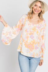 Lavender Watercolor Floral Square Neck Bell Sleeve Top