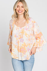 Lavender Watercolor Floral Square Neck Bell Sleeve Top