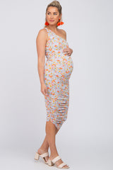 Lavender Floral Ruched One Shoulder Maternity Midi Dress