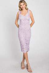 Lavender Floral Sleeveless Ruched Midi Dress