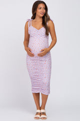 Lavender Floral Sleeveless Ruched Maternity Midi Dress