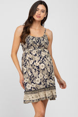 Navy Floral Paisley Smocked Maternity Dress