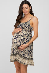 Navy Floral Paisley Smocked Maternity Dress