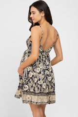 Navy Floral Paisley Smocked Maternity Dress