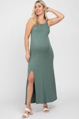 Teal Ribbed Knit Halter Neck Side Slit Maternity Maxi Dress