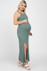 Teal Ribbed Knit Halter Neck Side Slit Maternity Maxi Dress