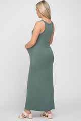 Teal Ribbed Knit Halter Neck Side Slit Maternity Maxi Dress