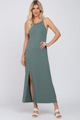 Teal Ribbed Knit Halter Neck Side Slit Maternity Maxi Dress