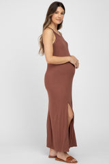 Brown Ribbed Knit Halter Neck Side Slit Maternity Maxi Dress