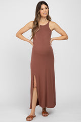 Brown Ribbed Knit Halter Neck Side Slit Maternity Maxi Dress