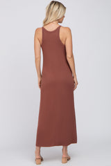 Brown Ribbed Knit Halter Neck Side Slit Maxi Dress