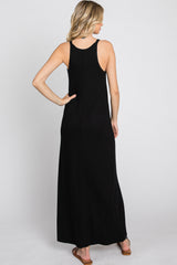 Black Ribbed Knit Halter Neck Side Slit Maxi Dress