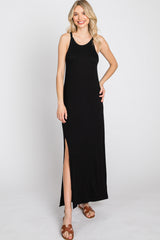 Black Ribbed Knit Halter Neck Side Slit Maxi Dress