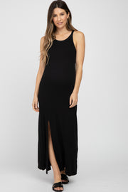 Black Ribbed Knit Halter Neck Side Slit Maternity Maxi Dress