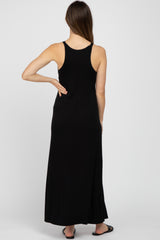 Black Ribbed Knit Halter Neck Side Slit Maternity Maxi Dress