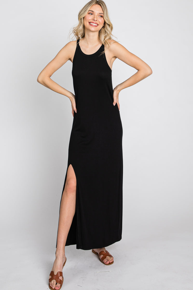 Black Ribbed Knit Halter Neck Side Slit Maxi Dress – PinkBlush