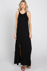 Black Ribbed Knit Halter Neck Side Slit Maxi Dress