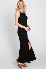 Black Ribbed Knit Halter Neck Side Slit Maxi Dress