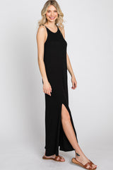 Black Ribbed Knit Halter Neck Side Slit Maxi Dress