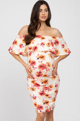 Ivory Floral Off Shoulder Maternity Fitted Dress