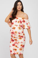 Ivory Floral Off Shoulder Maternity Fitted Dress