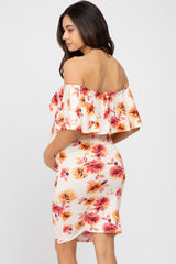 Ivory Floral Off Shoulder Maternity Fitted Dress