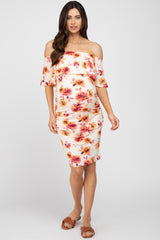 Ivory Floral Off Shoulder Maternity Fitted Dress