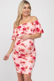 Pink Floral Off Shoulder Maternity Fitted Dress