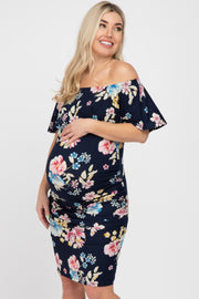 Navy Floral Off Shoulder Maternity Fitted Dress