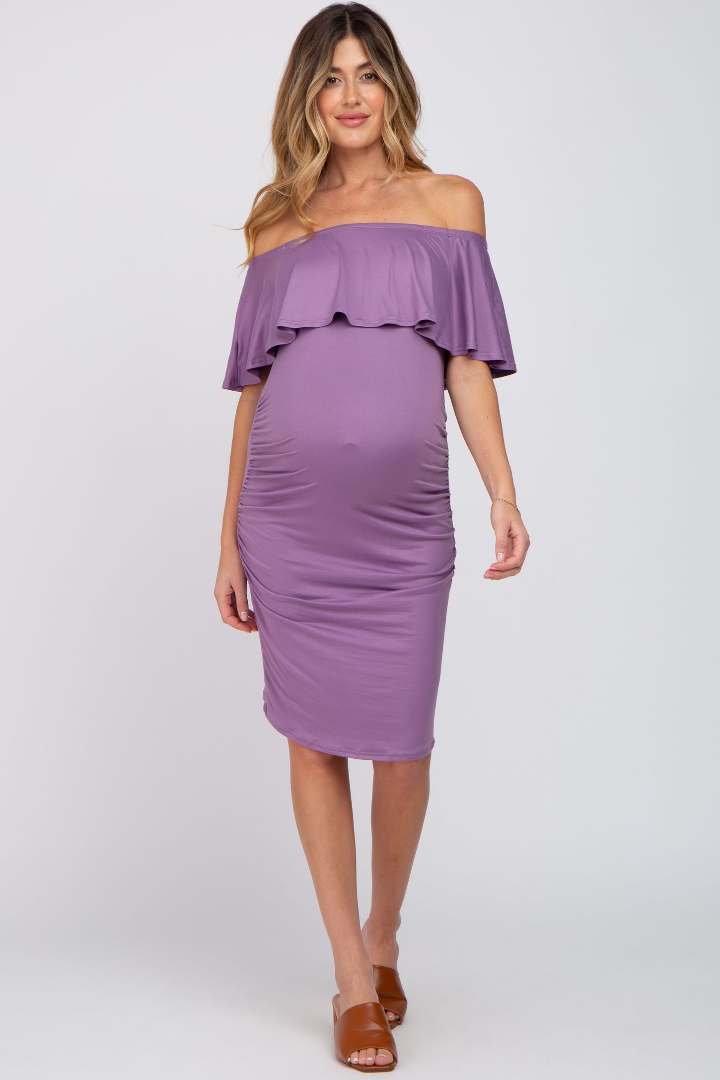 Lavender Off Shoulder Fitted Maternity Dress– PinkBlush